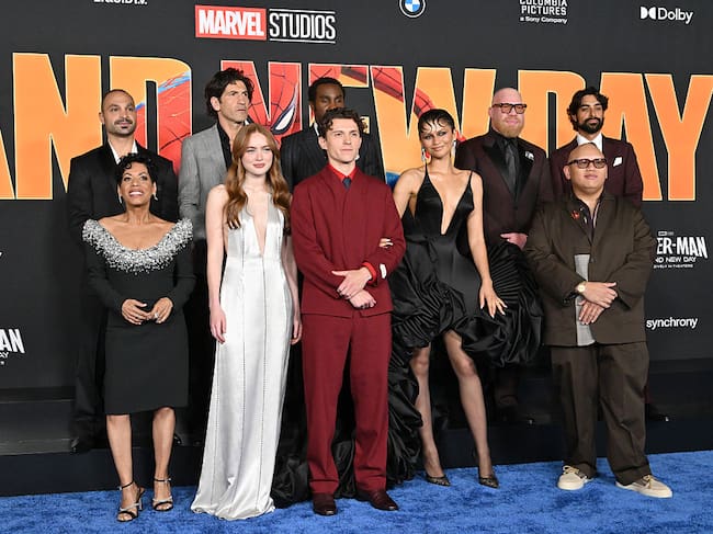 HOLLYWOOD, CALIFORNIA - JULY 27: (L-R) Liza Colón-Zayas, Michael Mando, Sadie Sink, Jon Bernthal, Tom Holland, Tramell Tillman, Zendaya, Marvin Jones III, Jacob Batalon and Eman Esfandi attend the Los Angeles Premiere of Columbia Pictures' "Spider-Man: Brand New Day" at Dolby Theatre on July 27, 2026 in Hollywood, California. (Photo by Axelle/Bauer-Griffin/FilmMagic)