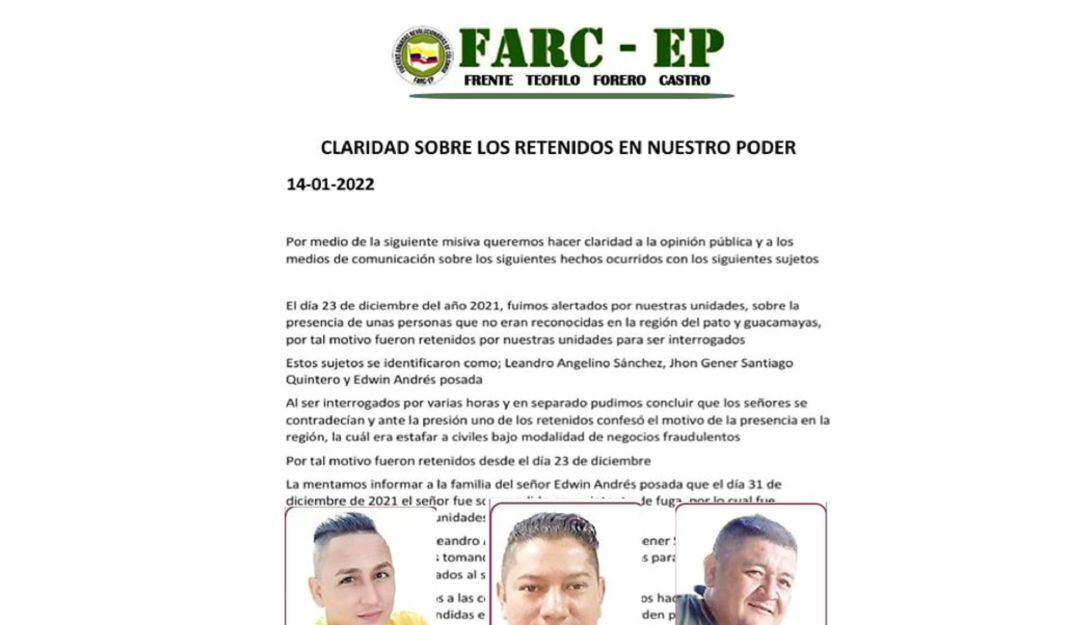 En un comunicado el grupo armado Farc atribuye la retención de las tres personas. 