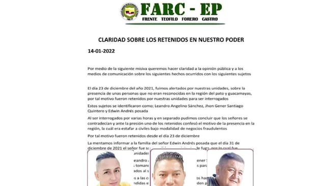 En un comunicado el grupo armado Farc atribuye la retención de las tres personas.