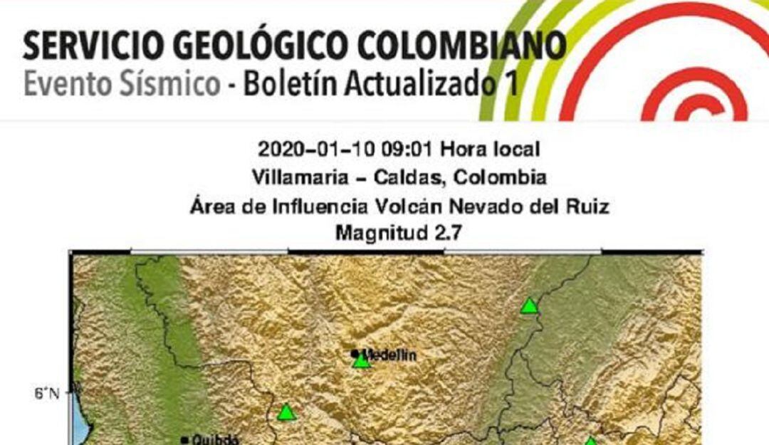 Sismo en zona de influencia del Volcán Nevado del Ruiz
