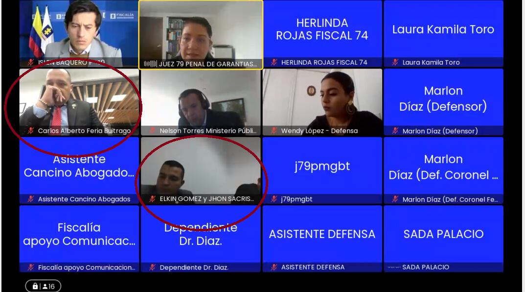 El coronel Carlos Feria, jefe de la Oficina de Polígrafos y seguridad en la Casa de Nariño, del capitán Elkin Gómez, y el intendente Jhon Sacristán en audiencia de imputación de cargos por el caso de polígrafo a Marelbys Mesa, la exniñera de Laura Sarabia / Jose Andres Gonzalez Gaitan