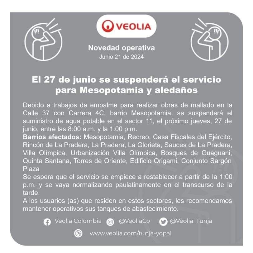 Suspensión de servicio de agua en Mesopotamia y sectores aledaños el 27 de junio