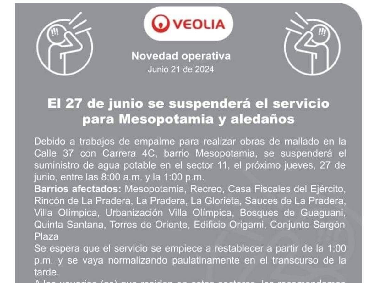Suspensión de servicio de agua en Mesopotamia y sectores aledaños el 27 de junio
