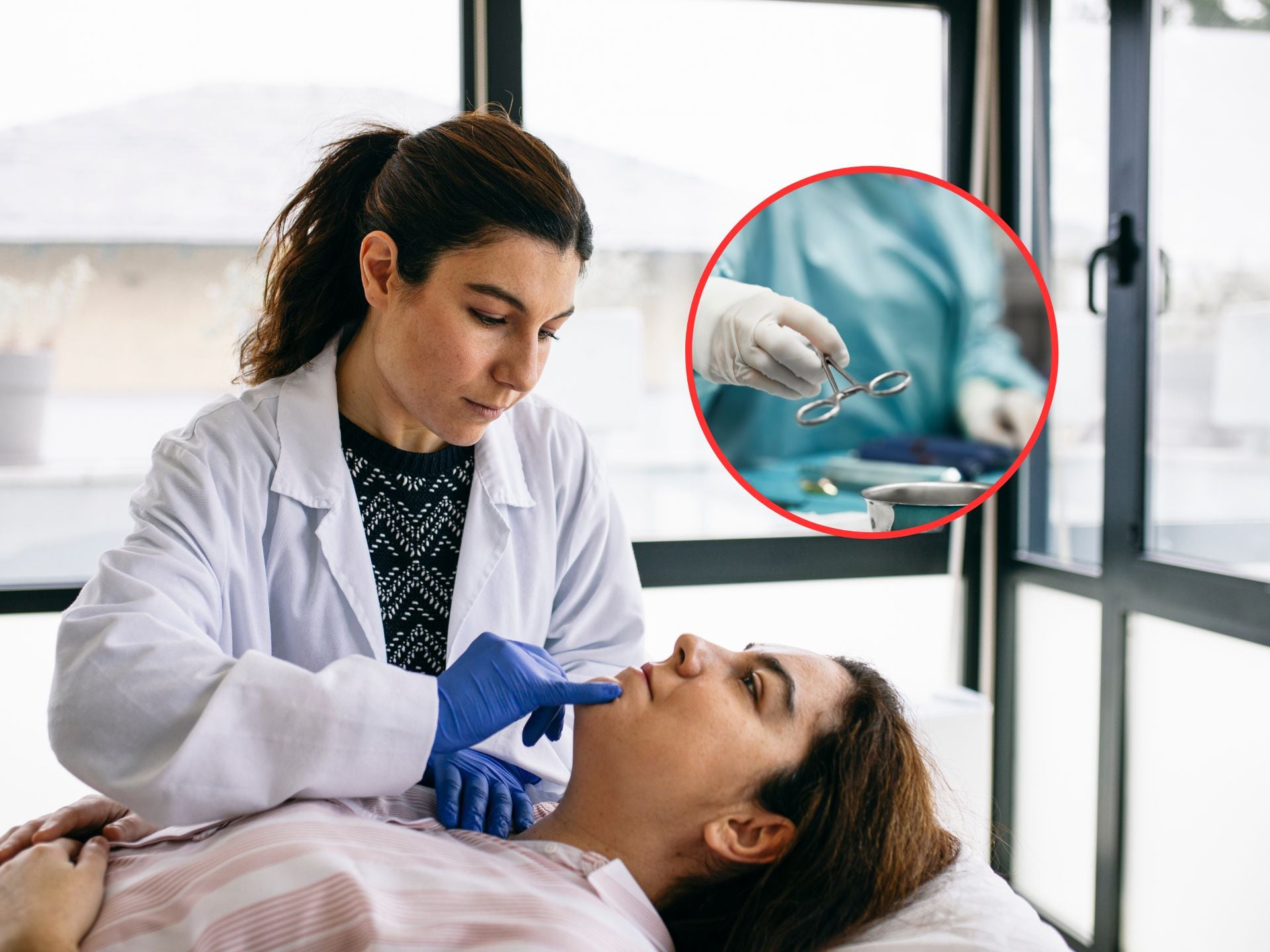 De fondo, cirujana plástica recibiendo a paciente en consulta que desea hacerse un procedimiento en la cara. En el círculo, cirujano sosteniendo unas tijeras quirúrgicas en medio de una operación / Fotos: GettyImages