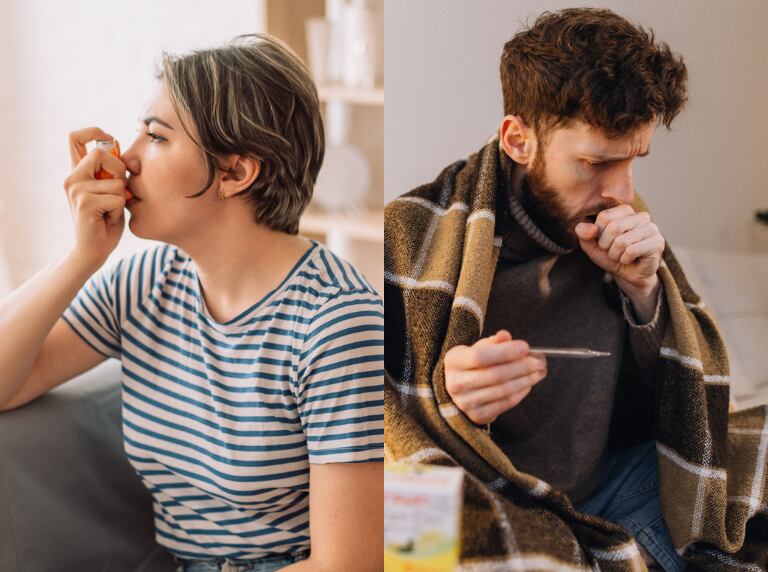Hombre teniendo una enfermedad respiratoria en casa / Mujer inhalando medicamento para el asma (Getty Images)