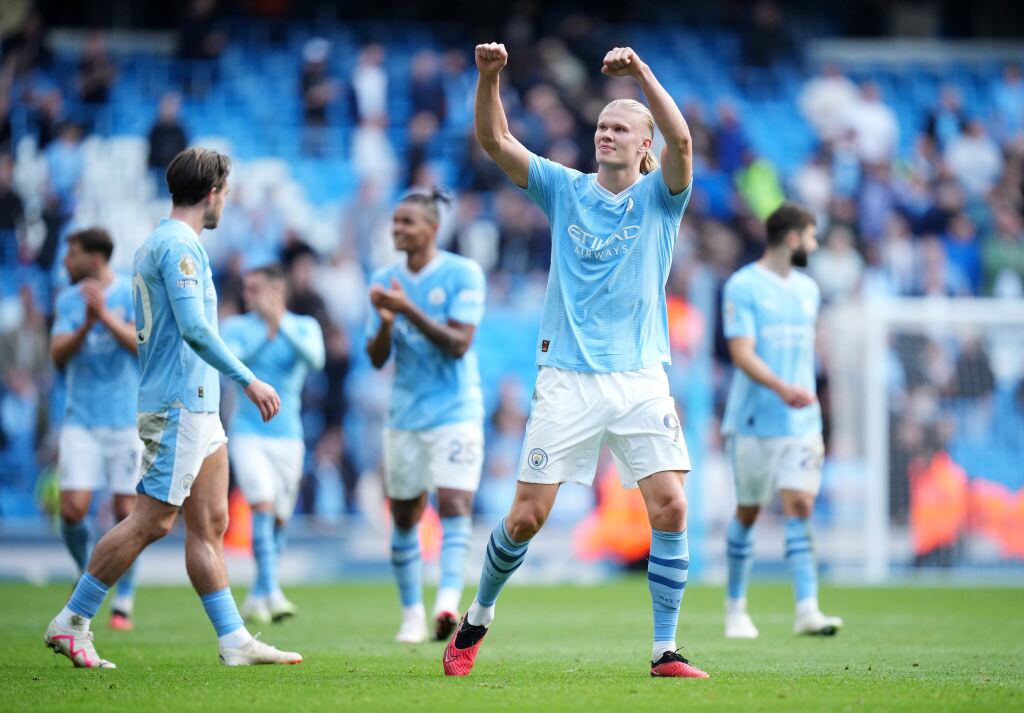 Erling Haaland celebra el triunfo del Manchester City  (Photo by Isaac Parkin - MCFC/Manchester City FC via Getty Images)