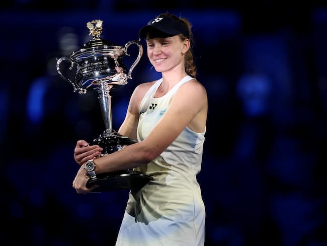MELBOURNE, AUSTRALIA - FEBRUARY 01: Elena Rybakina of Kazakhstan poses with the Daphne Akhurst Memorial Cup after her victory in the Women's Singles Final against Aryna Sabalenka during day 15 of the 2026 Australian Open at Melbourne Park on February 01, 2026 in Melbourne, Australia. (Photo by Phil Walter/Getty Images)