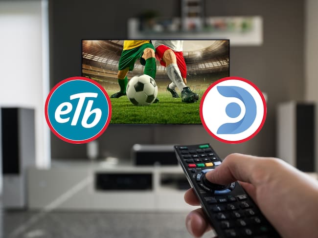 De fondo: Imágenes de una persona televisando un partido de fútbol (Crédito: Getty Images). A la izquierda se encuentra el logo de la Empresa de Telecomunicaciones de Bogotá (ETB) y a la derecha el logo de DirecTV