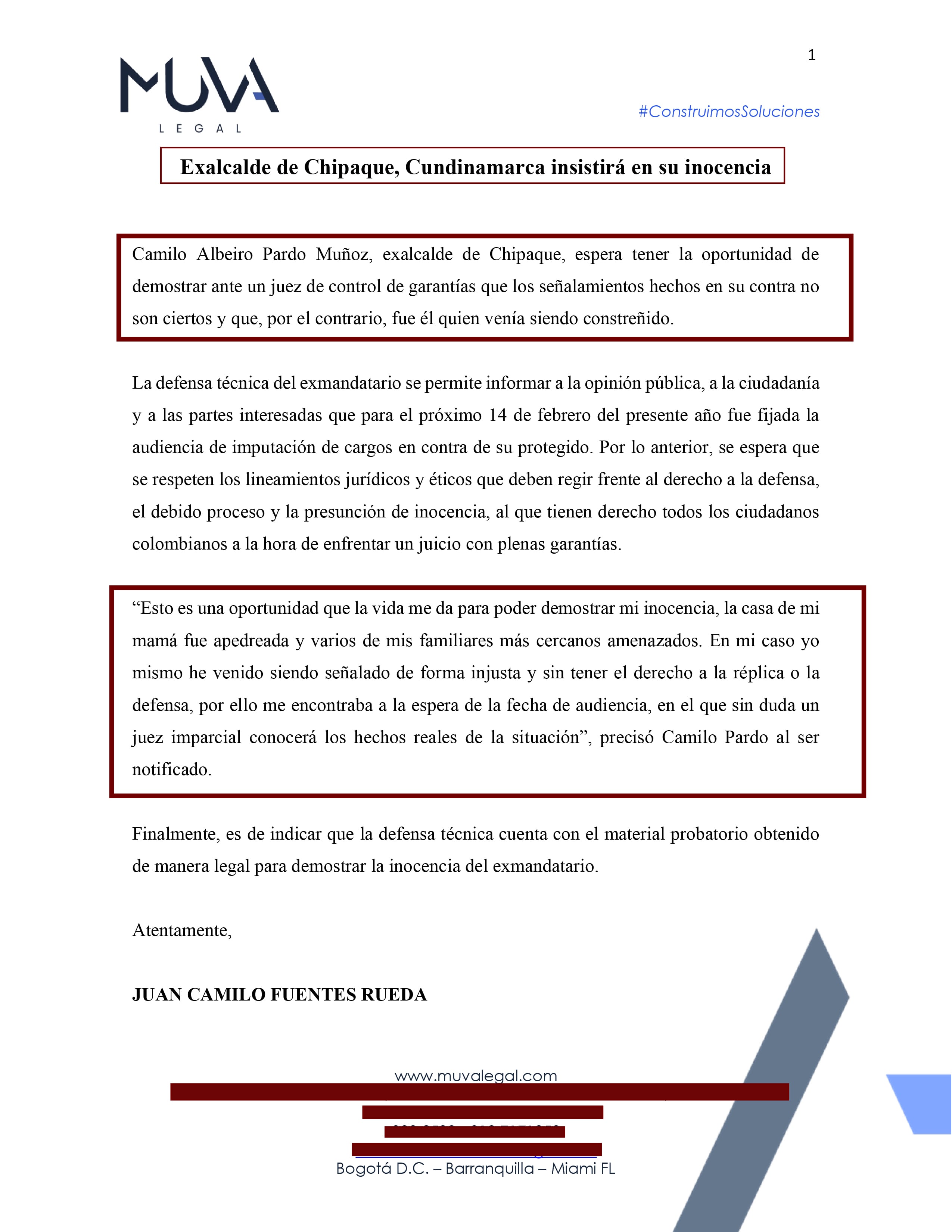 Comunicado exalcalde de Chipaque, Cundinamarca y su defensa