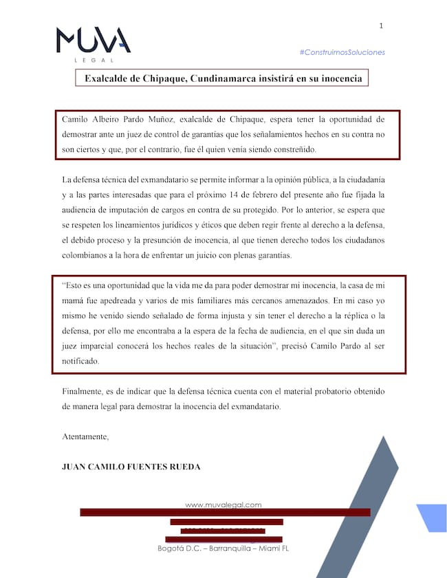 Comunicado exalcalde de Chipaque, Cundinamarca y su defensa