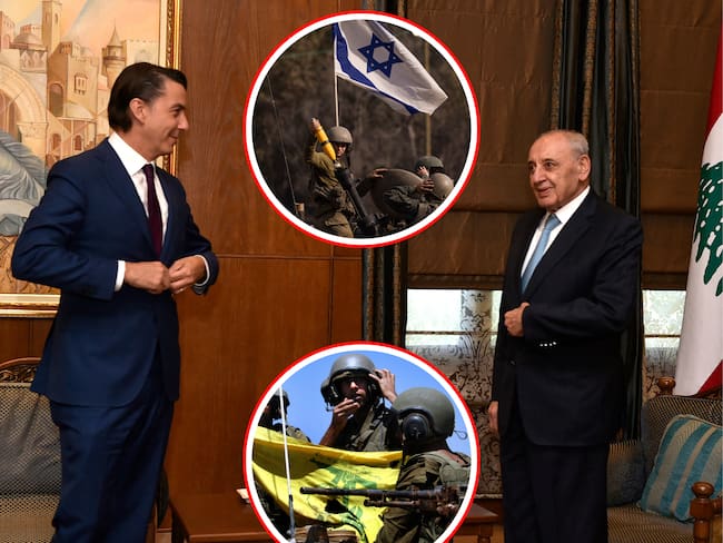 Encuentro entre el enviado especial de la Casa Blanca, Amos Hochstein (i) y el vocero del parlamento del Líbano, Nabih Berri (d). En los círculos tropas de Israel y de Hezbolá. 
(Foto: Getty / Caracol Radio)