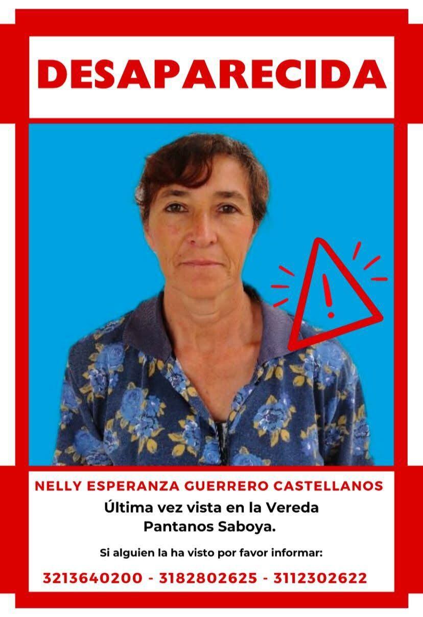 Familiares piden ayuda para encontrar a Nelly Esperanza Guerrero, vista por última vez en la vereda Pantano, Saboyá, y desaparecida desde el 6 de enero de 2025.
