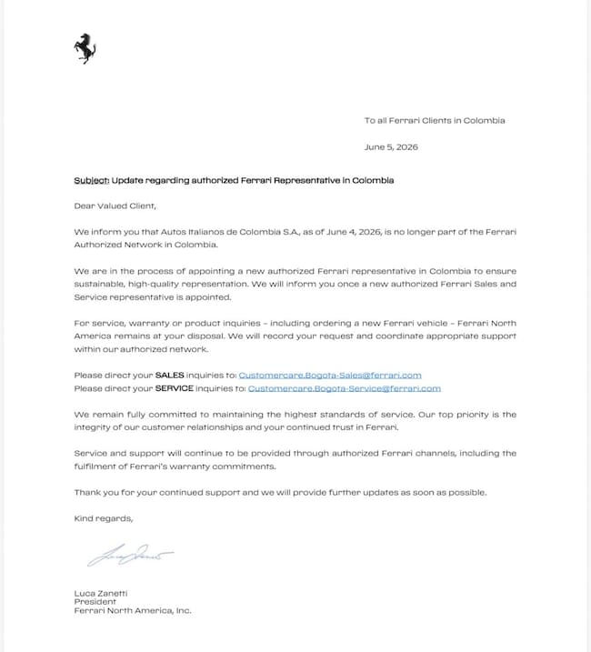 Comunicación de Ferrari North America.