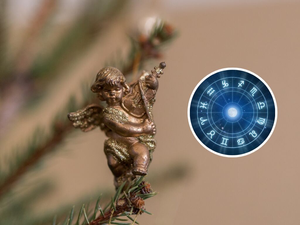 Símbolo de ángen en la decoración navideña y de fondo una ilustración de los signos zodiacales (Fotos vía Getty Images)