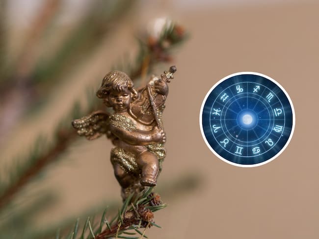 Símbolo de ángen en la decoración navideña y de fondo una ilustración de los signos zodiacales (Fotos vía Getty Images)