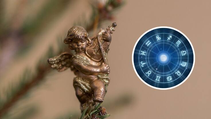 Símbolo de ángen en la decoración navideña y de fondo una ilustración de los signos zodiacales (Fotos vía Getty Images)