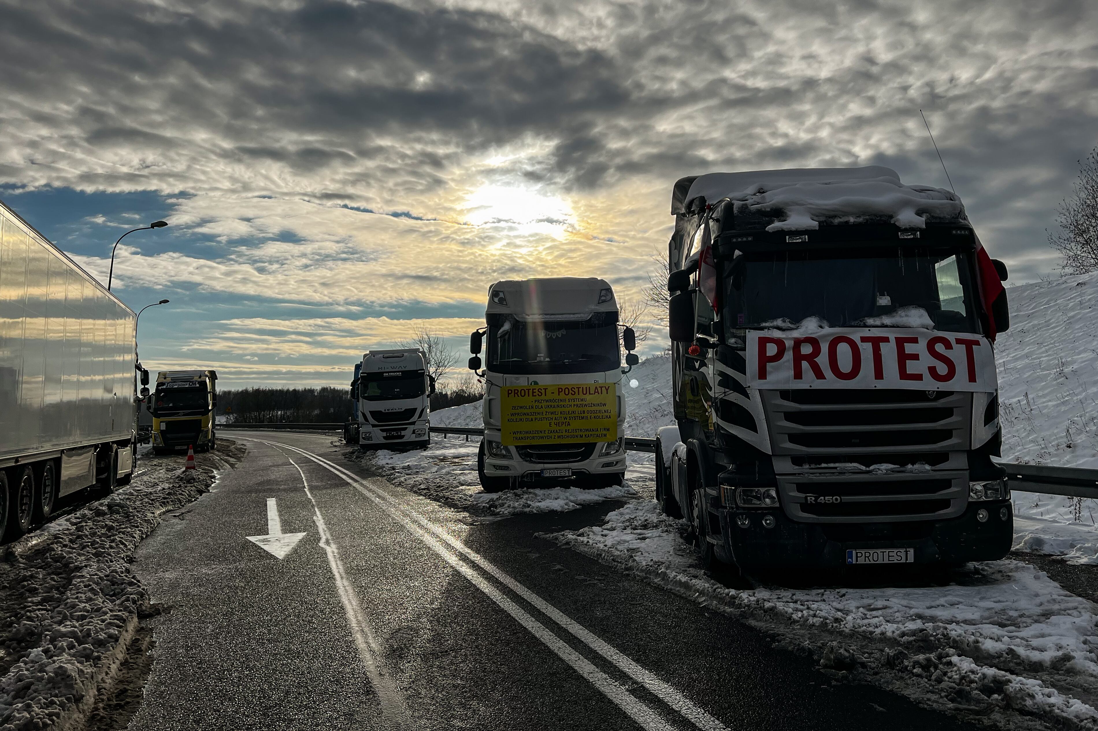 HREBENNE, POLAND - DECEMBER 1: Polish protesters block the Polish-Ukrainian border crossing Hrebenne during a strike on December 1, 2023 in Hrebenne, Poland. Polish truck drivers continue to block the main Polish-Ukrainian border crossing points for freight traffic. The key demand of Polish protesters is to bring back the system of issuing permits for Ukrainian carriers to work in the EU. Due to the strike, about 3,000 Ukrainian trucks are already waiting in line; two deaths among Ukrainian drivers were recorded. The Polish Minister of Infrastructure called on Ukraine to fulfill all the demands of the Polish protesters. (Photo by Olena Danylo /Suspilne Ukraine/JSC "UA:PBC"/Global Images Ukraine via Getty Images)
