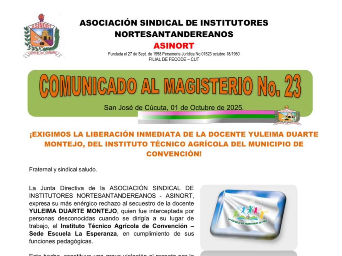 Secuestran a una docente en el municipio de Convención, Norte de Santander
