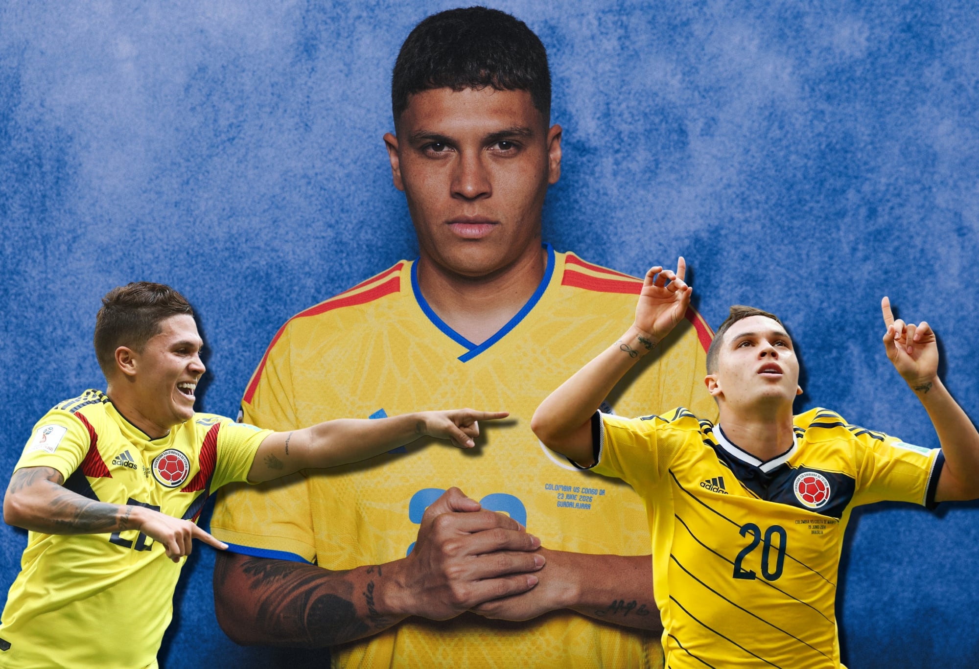 Al fondo, Juan Fernando Quintero en el Mundial 2026. Al frente, Juan Fernando Quintero en los Mundiales de Rusia 2018 (izquierda) y Brasil 2014 (derecha). Fotos: Getty Images.