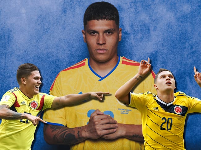 Al fondo, Juan Fernando Quintero en el Mundial 2026. Al frente, Juan Fernando Quintero en los Mundiales de Rusia 2018 (izquierda) y Brasil 2014 (derecha). Fotos: Getty Images.