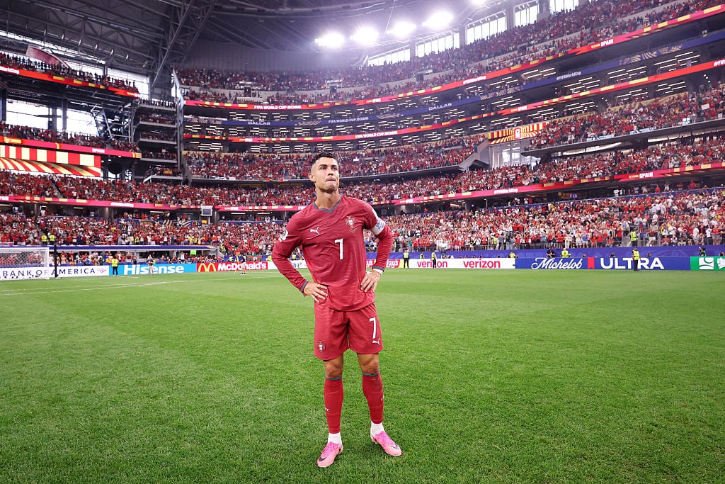 ARLINGTON, TEXAS - JULY 06: Cristiano Ronaldo #7 of Portugal shows dejection after the team's 0-1 defeat in the FIFA World Cup 2026 Round of 16 match between Portugal and Spain at Dallas Stadium on July 06, 2026 in Arlington, Texas. (Photo by Ryan Pierse - FIFA/FIFA via Getty Images)