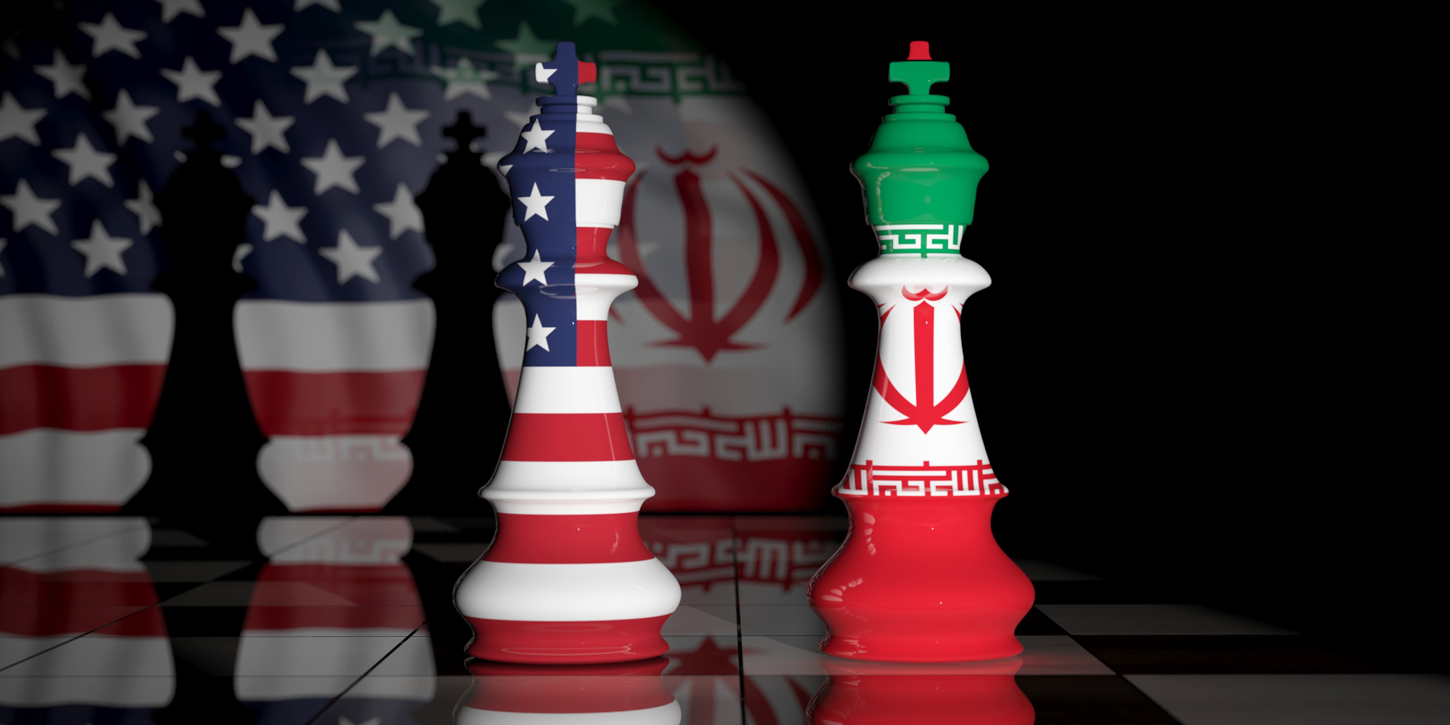 USA and Iran relationship. US America and Iran flags on chess kings on a chess board. 3d illustration