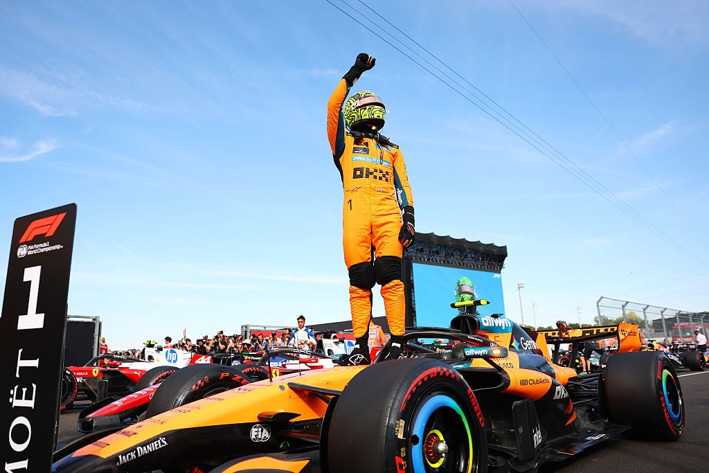 BUDAPEST, HUNGARY - JULY 25: Pole position qualifier Lando Norris of Great Britain and McLaren celebrates on arrival in parc ferme during qualifying ahead of the F1 Grand Prix of Hungary at Hungaroring on July 25, 2026 in Budapest, Hungary. (Photo by Bryn Lennon - Formula 1/Formula 1 via Getty Images)