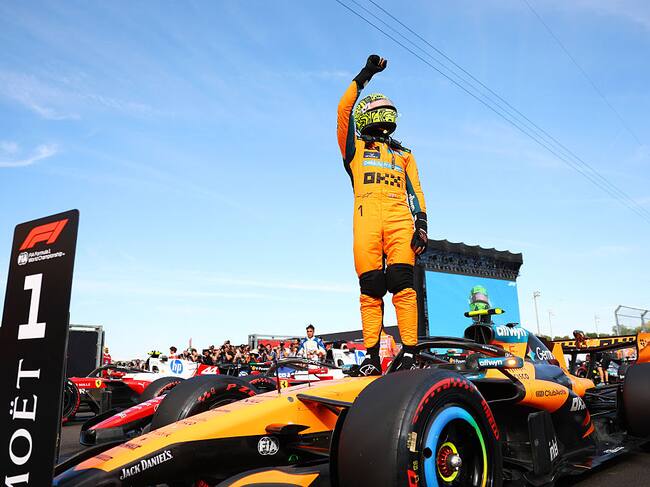 BUDAPEST, HUNGARY - JULY 25: Pole position qualifier Lando Norris of Great Britain and McLaren celebrates on arrival in parc ferme during qualifying ahead of the F1 Grand Prix of Hungary at Hungaroring on July 25, 2026 in Budapest, Hungary. (Photo by Bryn Lennon - Formula 1/Formula 1 via Getty Images)