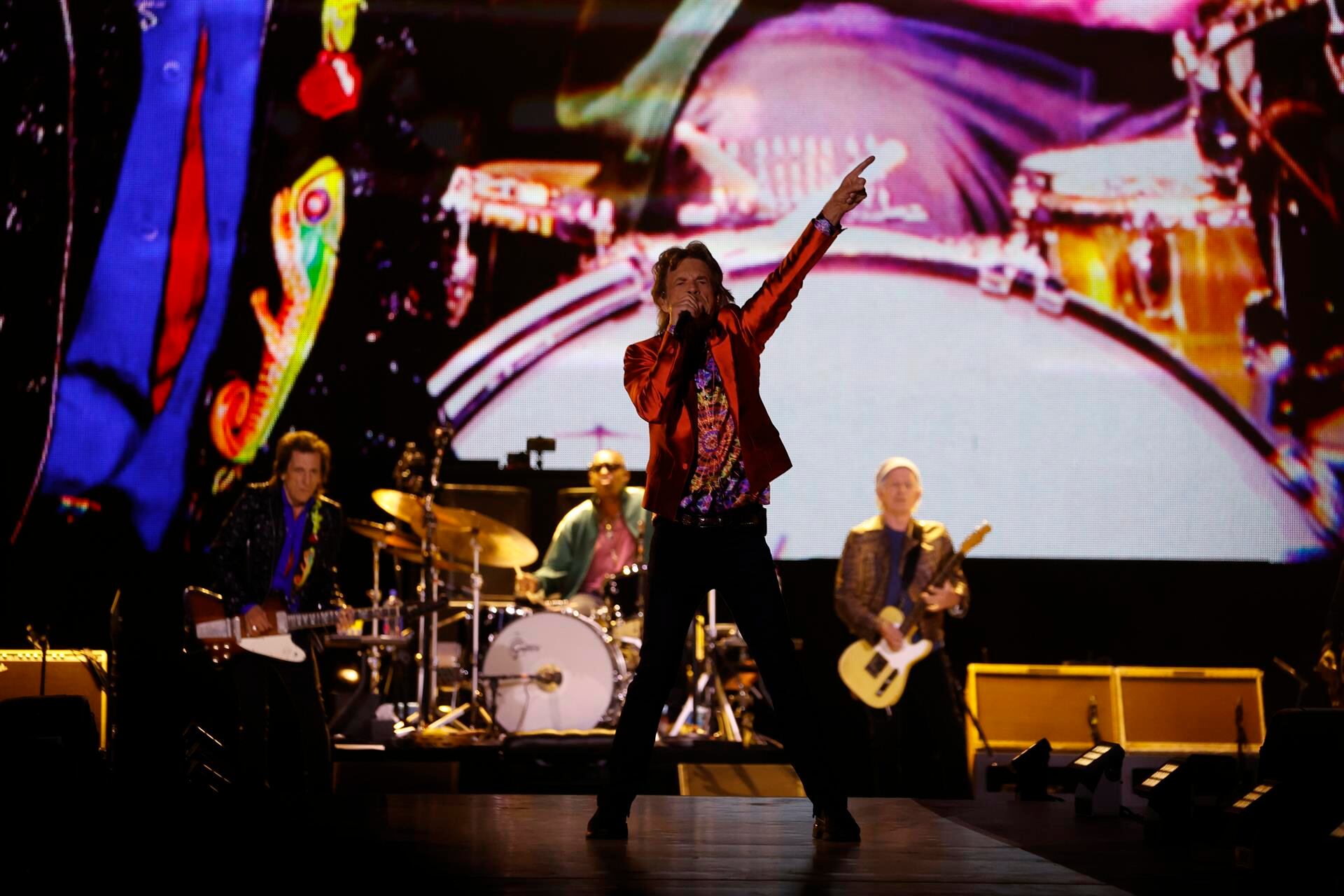 El cantante de The Rolling Stones, Mick Jagger, durante el concierto ofrecido este miércoles en el estadio Wanda Metropolitano, en Madrid, para comenzar su nueva gira europea "SIXTY", con la que Mick Jagger, Keith Richards y Ronnie Wood celebran 60 años de la fundación de esta banda emblemática.