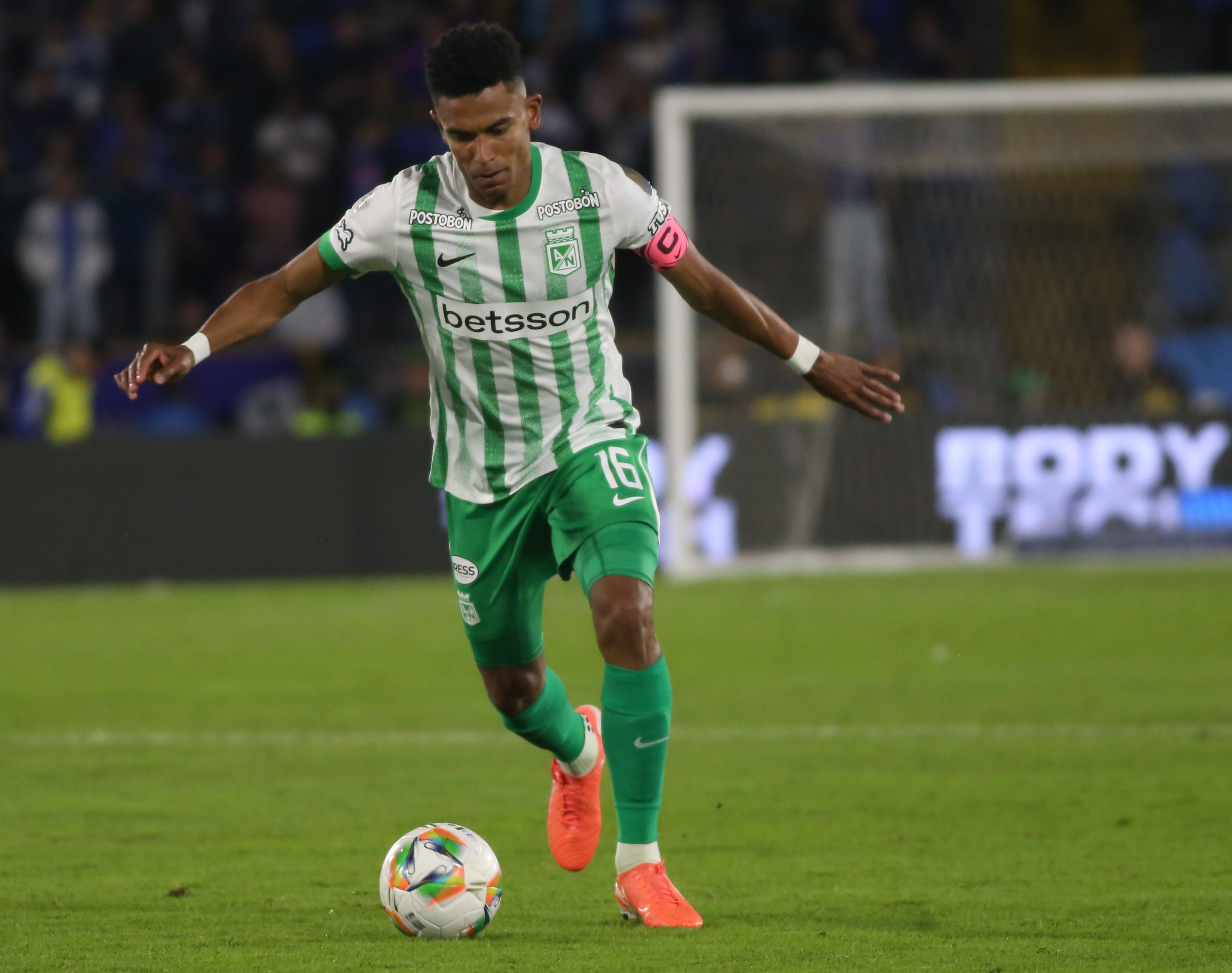 William Tesillo of Atletico Nacional plays in the match for date 2 of group B, quadrangular semifinals, as part of the BetPlay DIMAYOR I 2025 League at the Nemesio Camacho El Campin Stadium in Bogota, Colombia. (Photo by Daniel Garzon Herazo/NurPhoto via Getty Images)