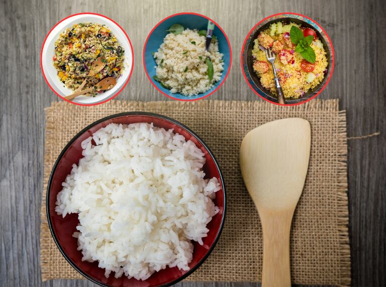 Plato de arroz blanco en un plato hondo sobre una mesa de madera / Algunas alternativas al arroz blanco (Getty Images)