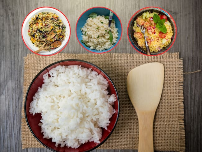 Plato de arroz blanco en un plato hondo sobre una mesa de madera / Algunas alternativas al arroz blanco (Getty Images)