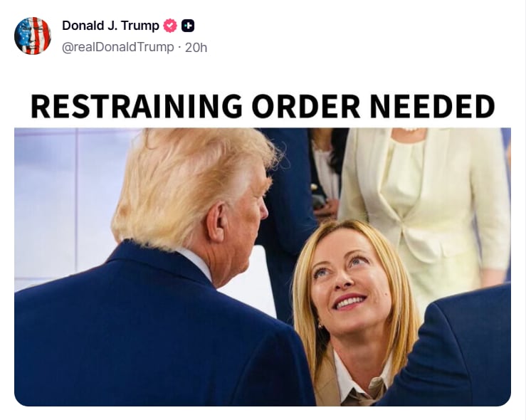Publicación de Donald Trump mufándose de la primera ministra de Italia, Georgia Meloni