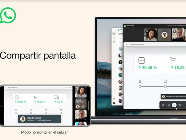 Interfaz de Whatsapp al compartir pantalla durante una videollamada / META