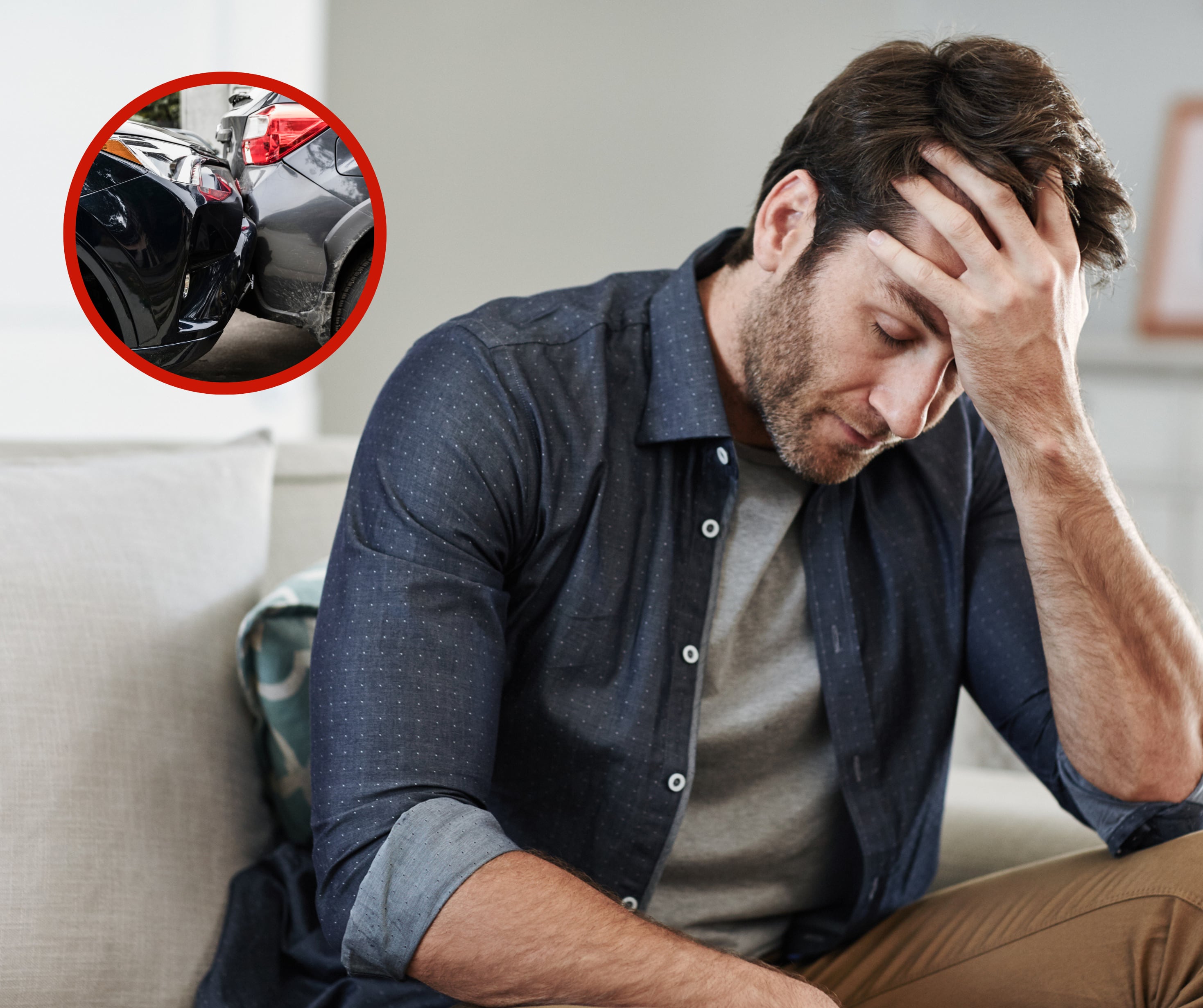Hombre preocupado junto a dos carros chocados (Fotos vía Getty Images)