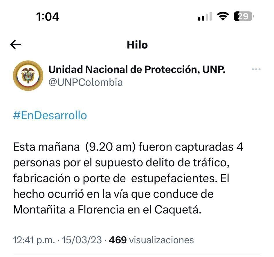 El procedimiento de captura se realizó en la vía entre los municipios de La Montañita y Florencia.