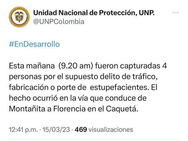 El procedimiento de captura se realizó en la vía entre los municipios de La Montañita y Florencia.