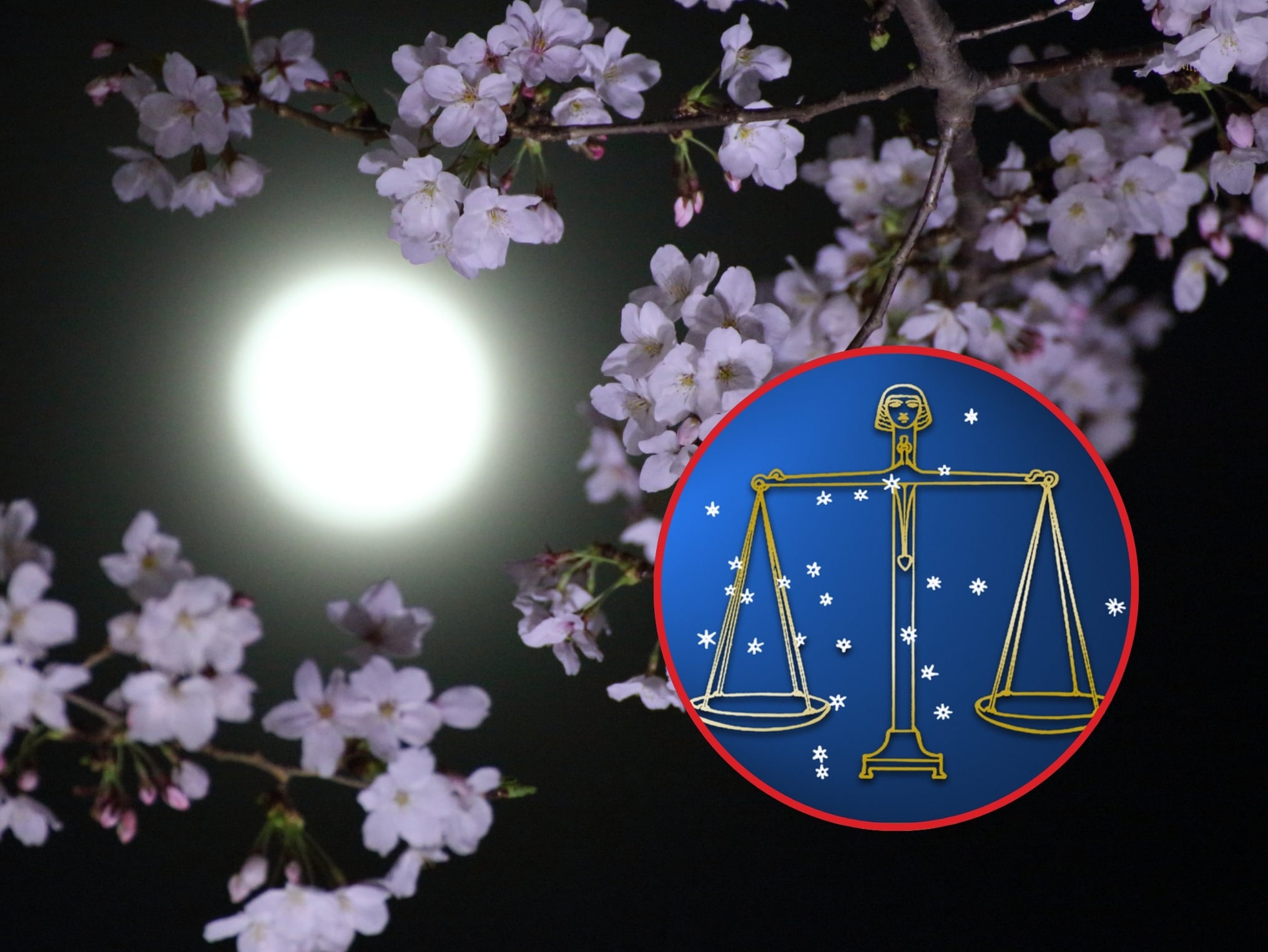 Imagen ilustrativa de la Luna Llena y el 'musgo rosa', planta con la que se asocia el evento de 'Luna Rosa'. A la derecha: Imagen de referencia del signo zodiacal Libra (Crédito: Getty Images)