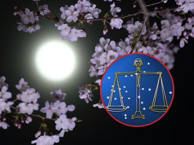 Imagen ilustrativa de la Luna Llena y el 'musgo rosa', planta con la que se asocia el evento de 'Luna Rosa'. A la derecha: Imagen de referencia del signo zodiacal Libra (Crédito: Getty Images)