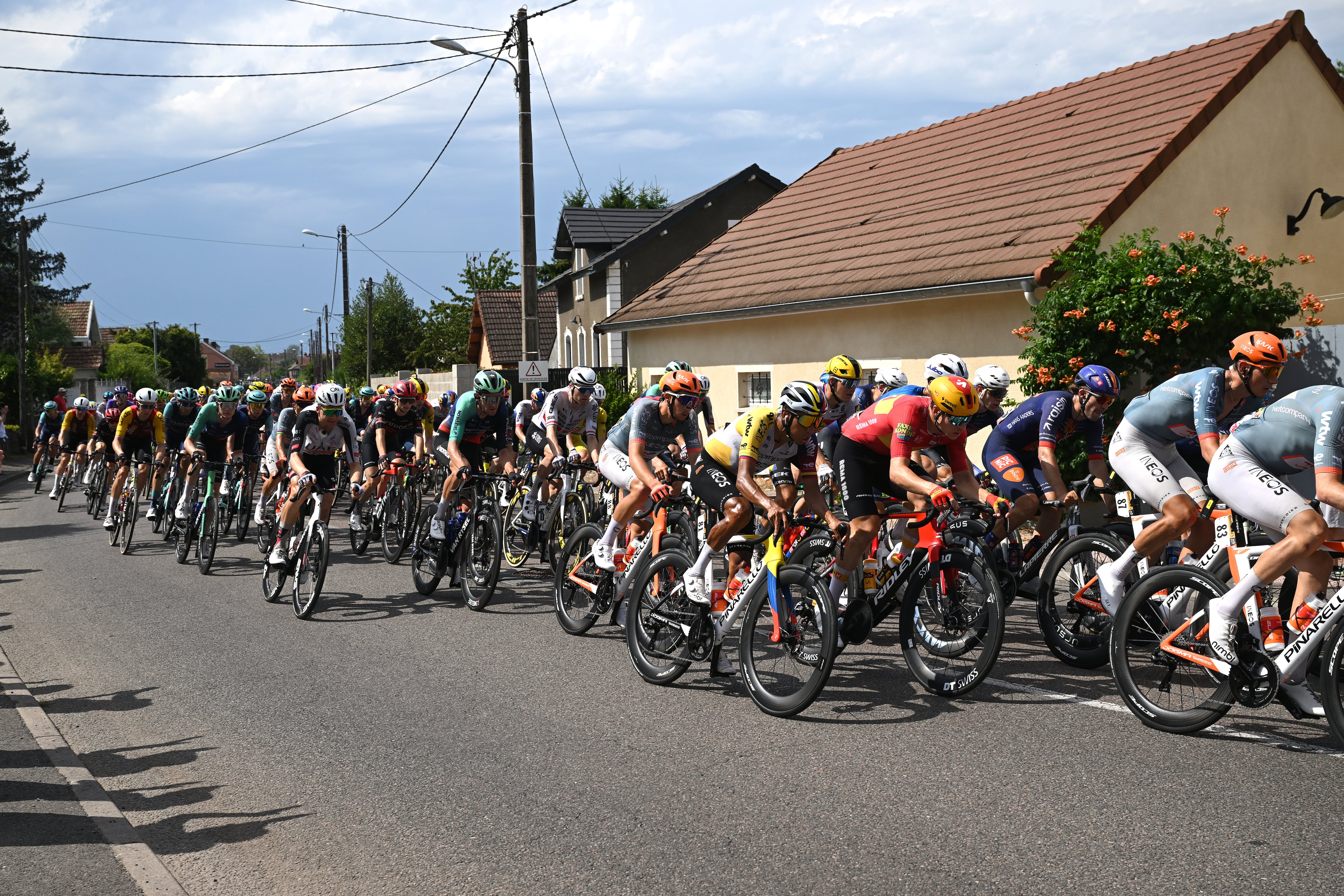 CHALON-SUR-SAONE, FRANCE - JULY 16: (L-R) Kevin Vauquelin of France, Egan Bernal of Colombia and Netcompany INEOS Cycling Team, Jonas Abrahamsen of Norway and Team Uno-X Mobility compete during the 113th Tour de France 2026, Stage 12 a 179.1km stage from Circuit Nevers Magny-Cours to Chalon-sur-Saone / #UCIWT / on July 16, 2026 in Chalon-sur-Saone, France. (Photo by Dario Belingheri/Getty Images)