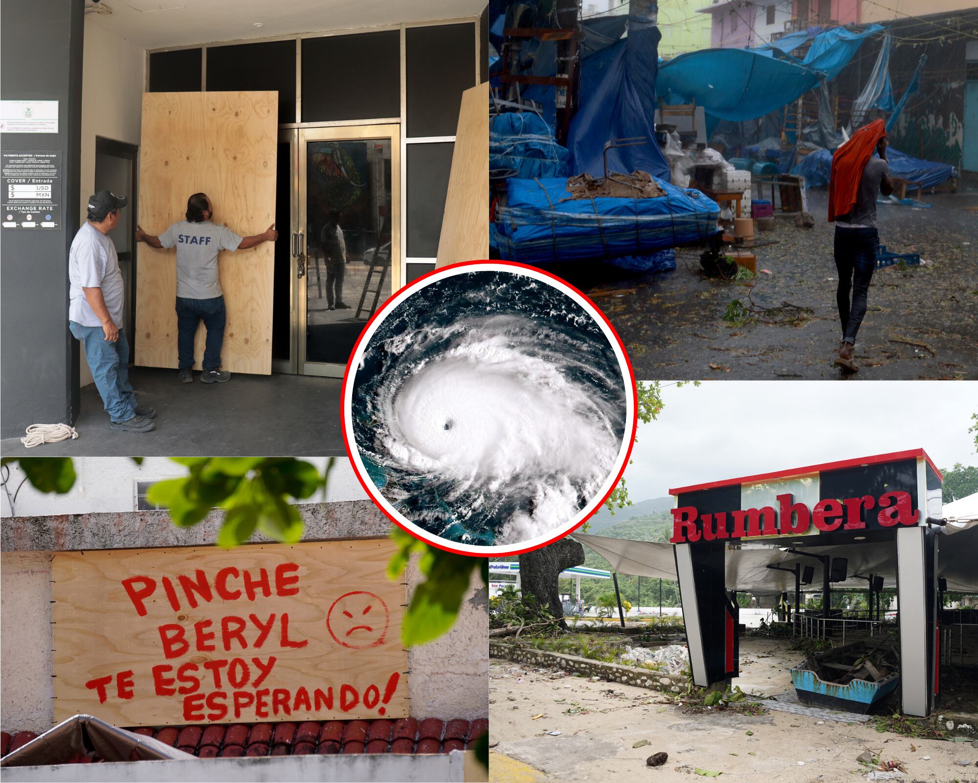Preparaciones en México previo a la llegada del Huracán Beryl (i) y consecuencias del paso del huracán en Jamaica y República Dominicana (d).
(Foto: Getty / Caracol Radio )