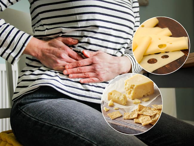 Mujer tocándose el intestino por dolor / Tipo de quesos (Getty Images)
