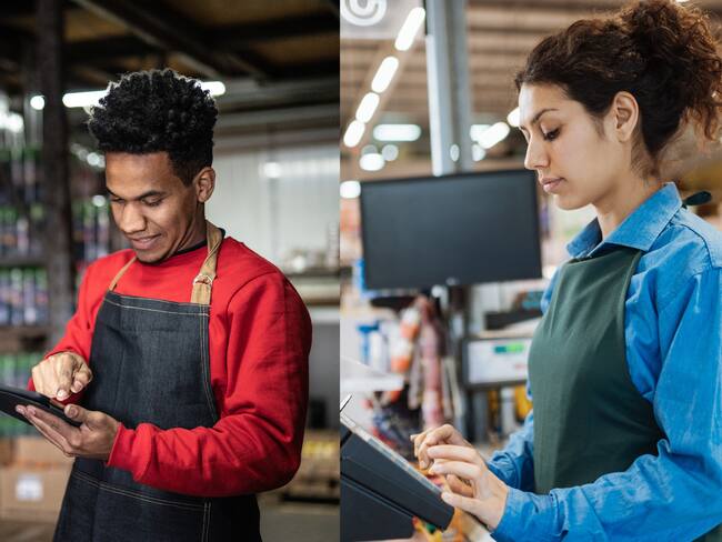Hombre trabajando en la bodega de un supermercado y una mujer ejerciendo como cajera(Fotos vía Getty Images) (Fotos vía Getty Images)