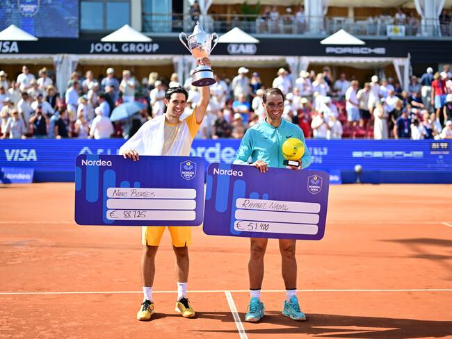 Bastad (Sweden), 21/07/2024.- Portugal's Nuno Borges (L) celebrates after winning the Men's Singles final against Spain's Rafael Nadal at the Swedish Open tennis tournament in Bastad, Sweden, 21 July 2024. (Tenis, España, Suecia) EFE/EPA/Bjorn Larsson Rosvall SWEDEN OUT