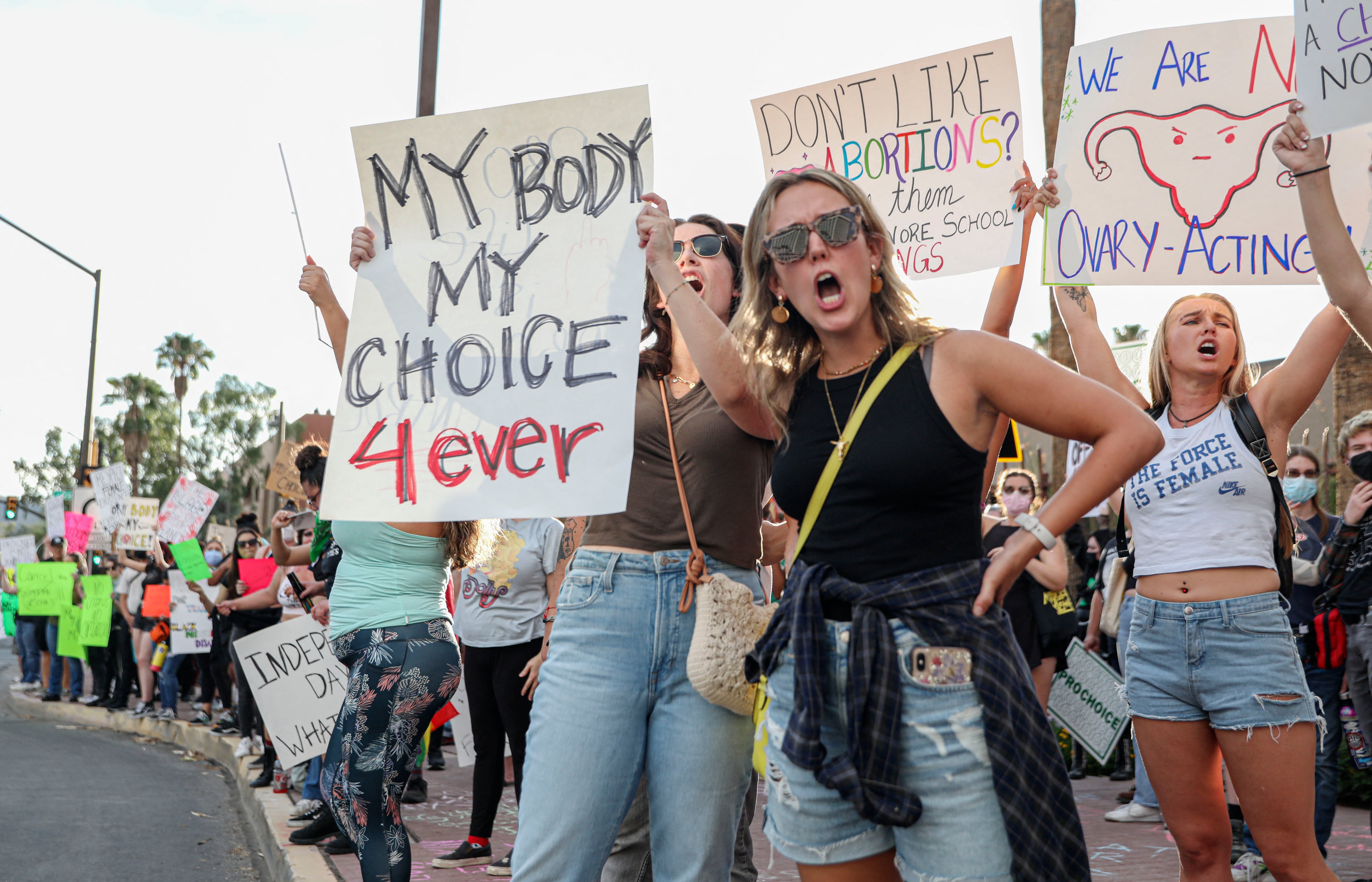 Abortion rights protesters chant during a Pro Choice rally at the Tucson Federal Courthouse in Tucson, Arizona on Monday, July 4, 2022. - The top court in Arizona, a key presidential election swing state, on April 9, 2024, ruled that a 160-year-old near total ban on abortion is enforceable, meaning that doctors performing the procedure could be jailed for five years. (Photo by SANDY HUFFAKER / AFP)