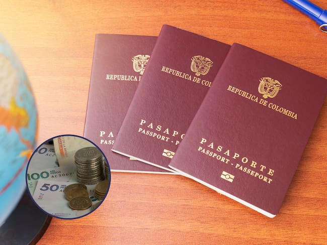 De fondo, tres pasaportes colombianos. En el círculo, la imagen de monedas y billetes de Colombia / Fotos: GettyImages