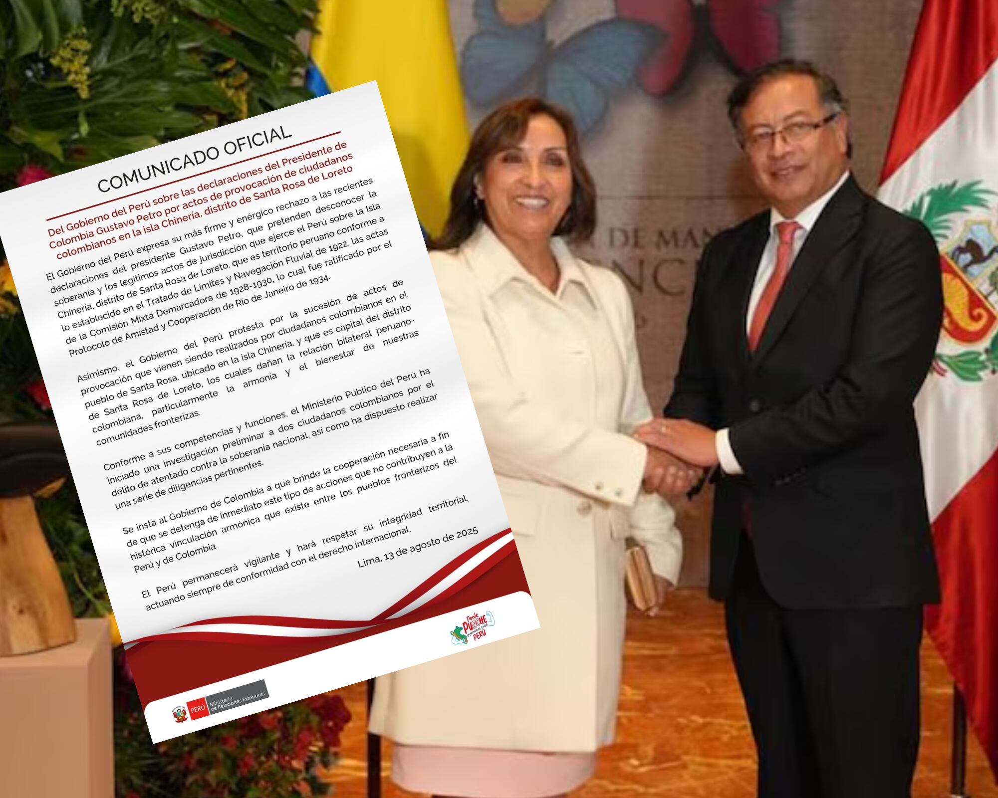 Los colombianos a los que se hace referencia son las personas que fueron detenidas por adelantar mediciones sin permiso en la isla de Chinería. En la foto los presidentes Gustavo Petro y Dina Boluarte.
(Foto:    Cortesía / Caracol Radio )