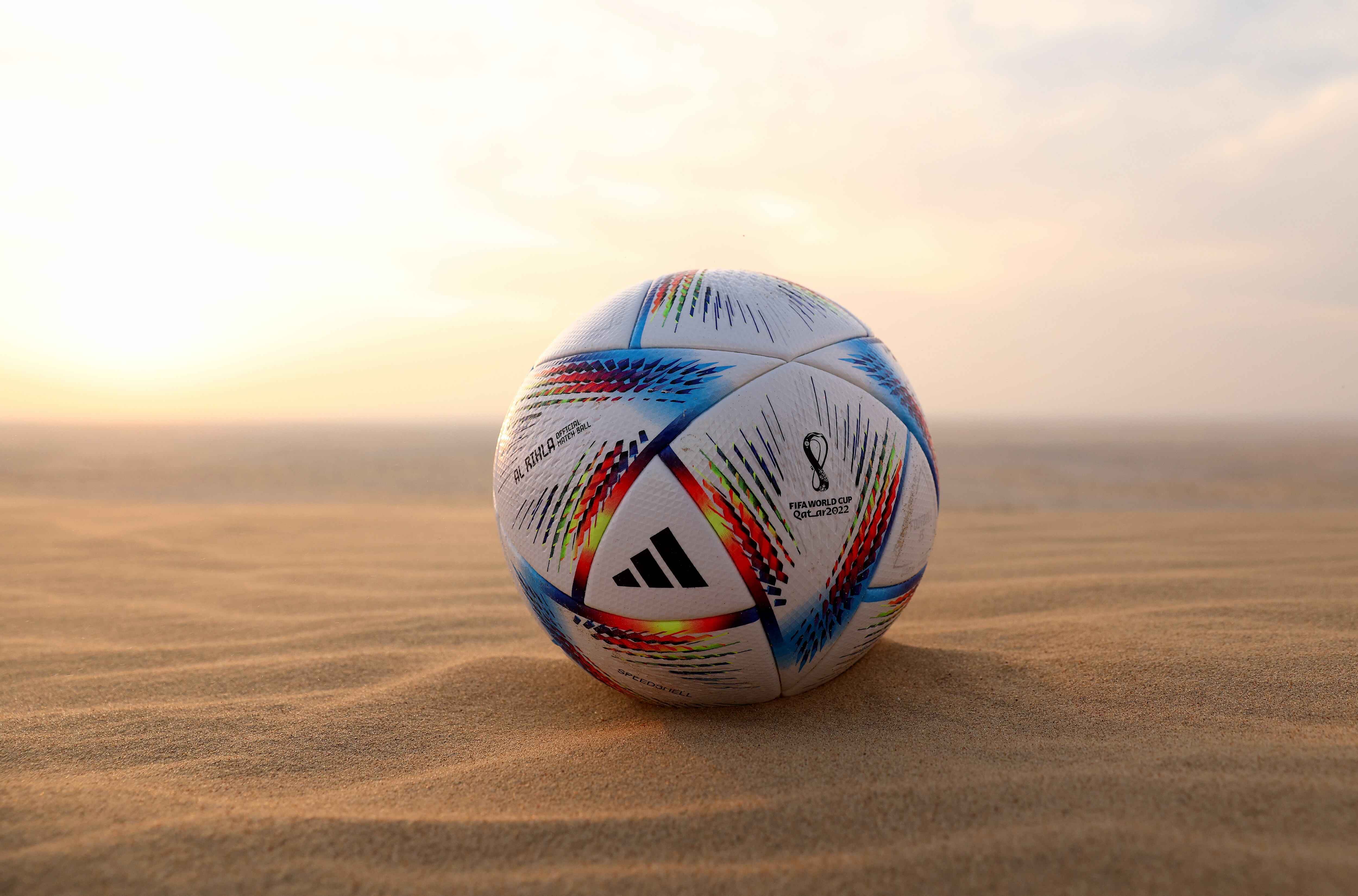 DOHA, QATAR - NOVEMBER 17: The official ball is seen posed in the desert ahead of the FIFA World Cup Qatar 2022 at  on November 17, 2022 in Doha, Qatar. (Photo by Elsa/Getty Images)