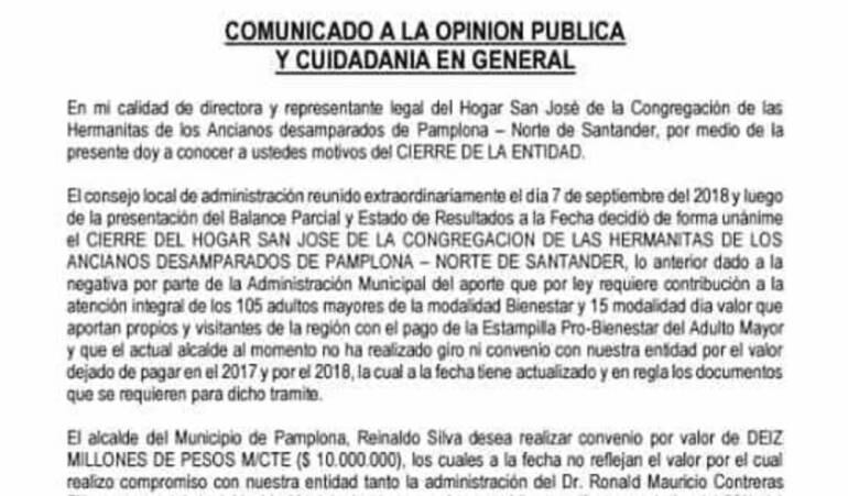 Comunicado Hogar San José, Pamplona