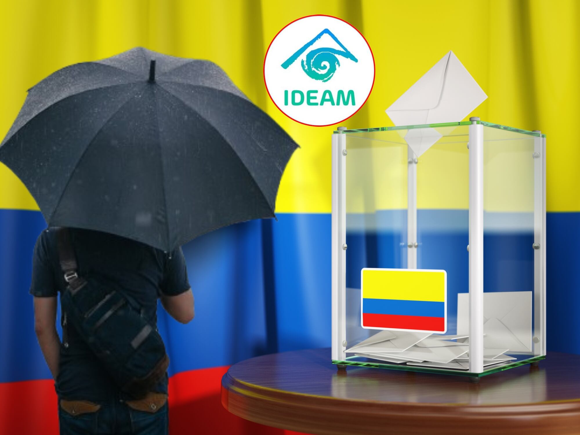 Lluvias, logo del IDEAM y elecciones. Fotos: Getty Images / X @IDEAMColombia